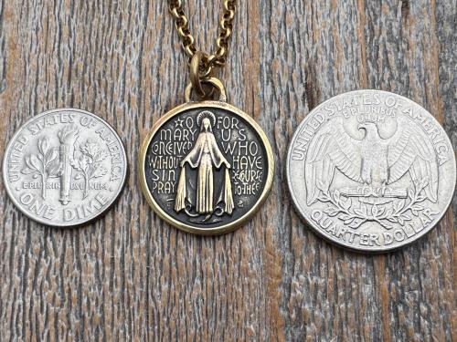 Antiqued Gold Round Miraculous Medal Pendant, Antique Replica of Rare JB & PCH Signed Circle Medallion, Artists Balme and Chambault Necklace