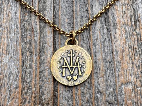 Antiqued Gold Round Miraculous Medal Pendant, Antique Replica of Rare JB & PCH Signed Circle Medallion, Artists Balme and Chambault Necklace