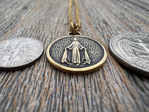 Antiqued Gold Round Miraculous Medal Pendant, Antique Replica of Rare JB & PCH Signed Circle Medallion, Artists Balme and Chambault Necklace