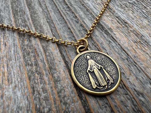 Antiqued Gold Round Miraculous Medal Pendant, Antique Replica of Rare JB & PCH Signed Circle Medallion, Artists Balme and Chambault Necklace