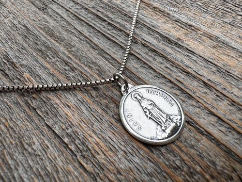 Shiny Oxidized Sterling Silver St. Dymphna Medallion, Antique Replica Medal Pendant, Saint of Anxiety, Mental Illness, Chain Necklace Option