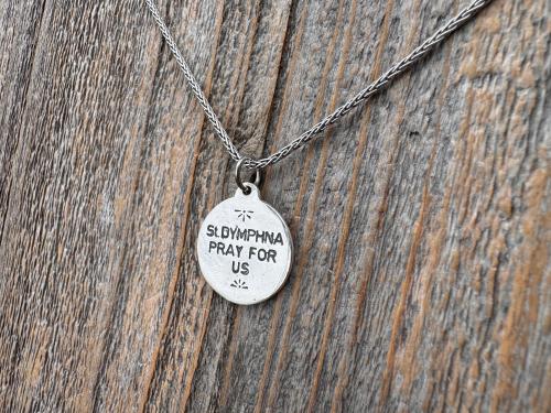 Shiny Oxidized Sterling Silver St. Dymphna Medallion, Antique Replica Medal Pendant, Saint of Anxiety, Mental Illness, Chain Necklace Option