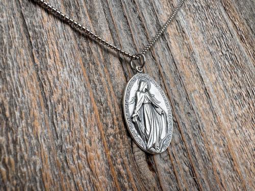 Large Shiny Oxidized .925 Sterling Silver Miraculous Medal Pendant, Antique Reproduction Unusual Oval Blessed Mother Medallion, Artist PY