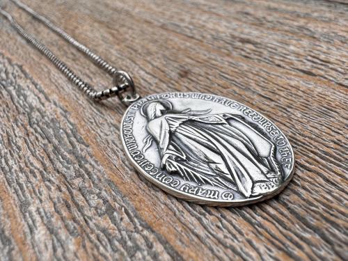 Large Shiny Oxidized .925 Sterling Silver Miraculous Medal Pendant, Antique Reproduction Unusual Oval Blessed Mother Medallion, Artist PY