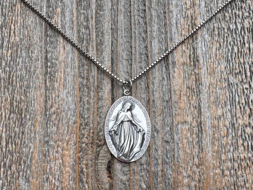 Large Shiny Oxidized .925 Sterling Silver Miraculous Medal Pendant, Antique Reproduction Unusual Oval Blessed Mother Medallion, Artist PY