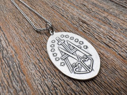 Large Shiny Oxidized .925 Sterling Silver Miraculous Medal Pendant, Antique Reproduction Unusual Oval Blessed Mother Medallion, Artist PY