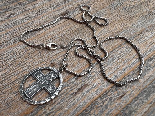 Sterling Silver Rare 5-Way Small Framed Oval, Antique Replica Cross Medal Scapular, Sacred Heart, Miraculous Medal, Holy Spirit, St Christop
