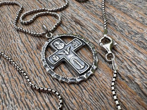Sterling Silver Rare 5-Way Small Framed Oval, Antique Replica Cross Medal Scapular, Sacred Heart, Miraculous Medal, Holy Spirit, St Christop