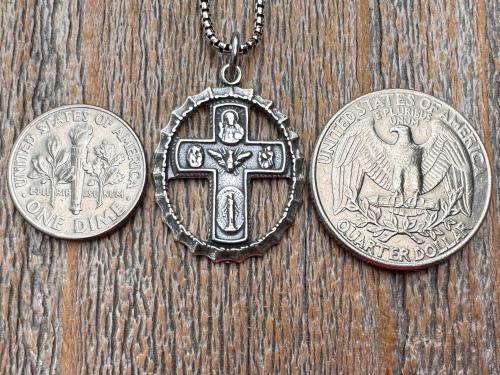 Sterling Silver Rare 5-Way Small Framed Oval, Antique Replica Cross Medal Scapular, Sacred Heart, Miraculous Medal, Holy Spirit, St Christop