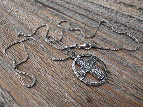 Sterling Silver Rare 5-Way Small Framed Oval, Antique Replica Cross Medal Scapular, Sacred Heart, Miraculous Medal, Holy Spirit, St Christop