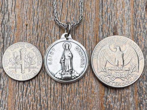 Shiny Oxidized Sterling Silver St. Dymphna Medallion, Antique Replica Medal Pendant, Saint of Anxiety, Mental Illness, Chain Necklace Option