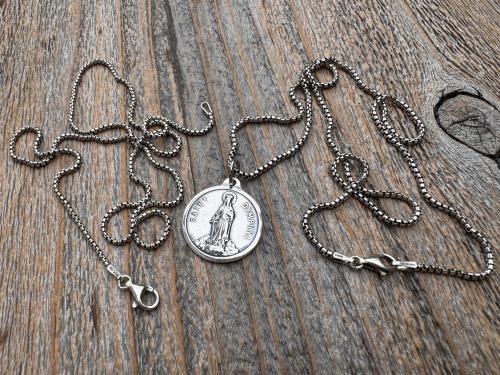 Shiny Oxidized Sterling Silver St. Dymphna Medallion, Antique Replica Medal Pendant, Saint of Anxiety, Mental Illness, Chain Necklace Option
