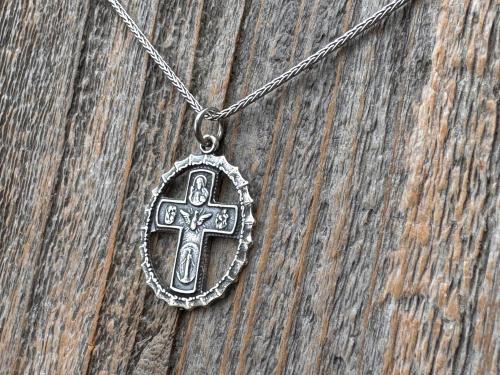Sterling Silver Rare 5-Way Small Framed Oval, Antique Replica Cross Medal Scapular, Sacred Heart, Miraculous Medal, Holy Spirit, St Christop