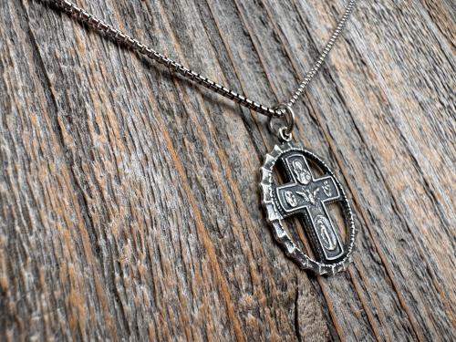 Sterling Silver Rare 5-Way Small Framed Oval, Antique Replica Cross Medal Scapular, Sacred Heart, Miraculous Medal, Holy Spirit, St Christop