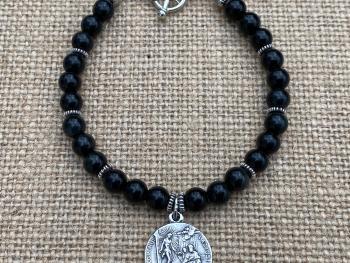 Sterling Silver St. Peregrine Laziosi Medal Charm, Black Obsidian Gemstone Bracelet, Patron Saint of Cancer, Saint Pellegrino St. Peregrinus