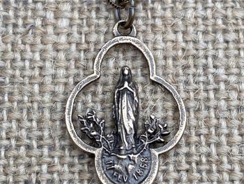 Bronze Our Lady of Lourdes Pendant Necklace, French Antique Replica, Mary Medal, Immaculate Conception, Saint Bernadette, Quatrefoil Shape