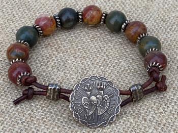 Bronze Sacred Heart of Jesus and Immaculate Heart of Mary & Leather Rosary Bracelet with Cherry Creek Jasper Gemstones and Button Closure
