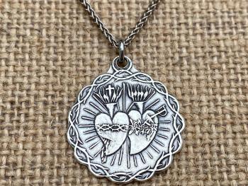 Sterling Silver Antique Replica Sacred Heart of Jesus and Immaculate Heart of Mary Twin Hearts Medal Necklace 18 Inches Lima Marian Mary