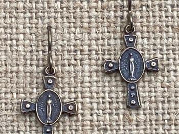 Bronze Miraculous Medal Cross Earrings, Antique Replicas, French Hook Dangle, Our Lady of Lourdes, Blessed Virgin Mary, Our Lady of Miracles