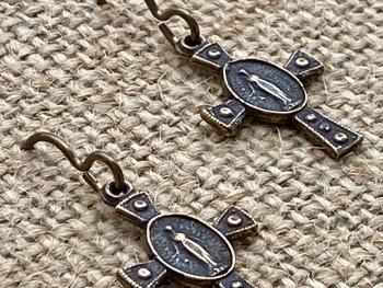 Bronze Miraculous Medal Cross Earrings, Antique Replicas, French Hook Dangle, Our Lady of Lourdes, Blessed Virgin Mary, Our Lady of Miracles
