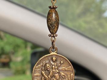 Bronze Rearview Mirror St. Christopher and Our Lady of the Way Good Road Car Accessory Mirror Hanging Hang Dangling Antique Replica Bronzite