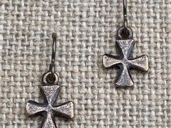 Bronze Cross Earrings, French Hooks, African Antique Replicas, Simple Small Dangling Crosses, Beautiful with Holy Moments Bronze Medals!