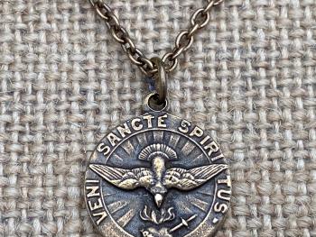Bronze Dove Holy Spirit Medal Pendant Necklace, Antique Replica, Come Holy Ghost Pendant, Sacred Heart of Jesus, Veni Sancte Spiritus VSS-1