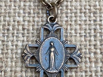 Bronze Miraculous Medal Cross Pendant and Necklace, Antique Replica, Blessed Virgin Mary, Immaculate Conception, Our Lady of the Miracle