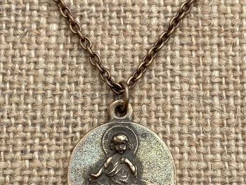 Bronze Baby Jesus in the Manger Nativity Pendant, Antique Replica Medal, Religious Christmas Necklace, Religious Christmas Jewelry