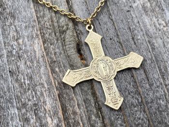 Antique Gold Rare French Saint Benedict Cross Medal Pendant Necklace, Antique Replica, Benedictine, From France, St Benedicti, 19th Century