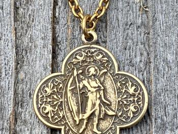 Antique Gold St. Raphael the Archangel (Angel of Healing) Antique Replica Medal Medallion Necklace Prayer Gold Bronze Patron Saint Sick Ill