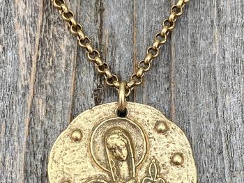 Antique Gold Large Mother Mary and Baby Jesus Fleur de Lis Pendant, French Antique Replica Medal, Rolo Chain Necklace, Artist Elie Pellegrin