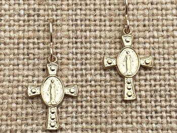 Gold Miraculous Medal Cross Earrings, Antique Replicas, French Hooks, Dangling Cross Earrings, Blessed Virgin Mary, Our Lady of the Miracle