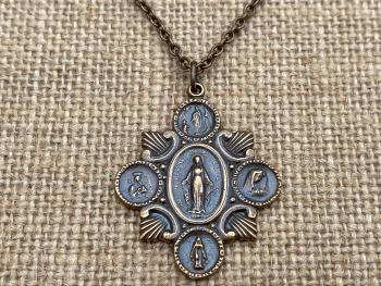 Rare Bronze Marian Devotions Miraculous Medal, Pendant Necklace, Antique Replica, Our Lady of Lourdes, Bronze 19th Anniversary Gift for Wife