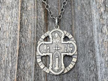 Sterling Silver 5-Way Cross Medal and Necklace, Antique Replica, Scapular, 4-Way, 4 Way, Catholic, Unisex, Sacred Heart, Miraculous Medal
