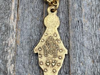 Antique Gold Figural Mary Miraculous Medal (Antique Replica) Pendant Necklace, Blessed Virgin Mary, Our Lady of Lourdes, Our Lady of Grace