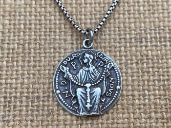 Sterling Silver Notre Dame du Rosaire (Our Lady of the Rosary) French Antique Replica, Medal Pendant Necklace, Rare Marian Piece from France