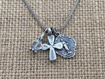 Sterling Silver Miraculous Medal Charm Cluster Pendant Necklace, Antique Replica, Dangling Cross, Swarovski Crystal, Blessed Virgin Mary MM3