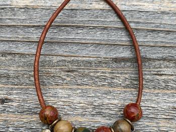 Leather Loop for Religious Medals, Crosses and Crucifixes, Bronze with Cherry Creek Jasper Gemstones, Praying and carrying religious medals