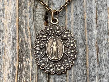 Bronze Miraculous Medal Pendant Necklace, Heart Border, Antique Replica, Blessed Virgin Mary Medallion, Immaculate Virgin Mary Pendant, MM5