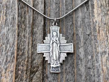 Sterling Silver Blessed Virgin Mary Medal Pendant Necklace, Antique Replica, Radiant Our Lady Medal, Our Lady of the Rosary Pendant, Cross