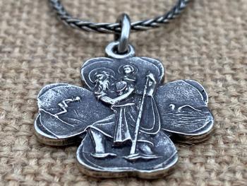 Sterling Silver St. Christopher Medal Pendant Necklace, Antique Replica, Shamrock Pendant, Patron Saint of Travelers, Patron Saint of Travel