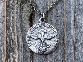 Sterling Silver Come Holy Ghost Medal, Holy Spirit Pendant Necklace, Antique Replica, Sacred Heart of Jesus, Veni Sancte Spiritus, VSS-1