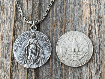Sterling Silver Large French Miraculous Medallion, Antique Replica, Big Round Miraculous Medal, Miraculous Pendant Necklace, by OBC, France