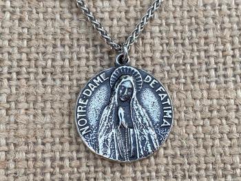 Sterling Silver Our Lady of Fatima Medal Pendant Necklace, Antique Replica, Pray the Rosary for World Peace, PAX, Blessed Virgin Mary