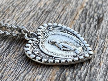 Silver Plated Heart Shaped Miraculous Medal Pendant Necklace, Antique Replica, Blessed Virgin Mary Pendant, Rare Unusual Miraculous Medal M4