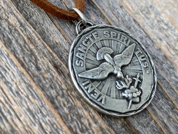 Large Silver Pewter Come Holy Ghost Medal Pendant Necklace, Latin Antique Replica, Veni Sancte Spiritus Medal, Sacred Heart of Jesus Medal