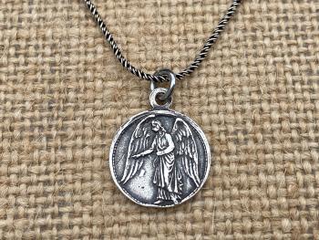 Sterling Silver Small Guardian Angel Medal, Antique Replica, Pendant Necklace, Reverses to Blessed Virgin Mary, Petite Angel Pendant Charm