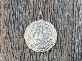 Shiny Sterling Silver St Michael Medal Pendant Necklace, French Antique Replica, Artist L Tricard, Ora Pro Nobis, Saint Michael Pray for Us