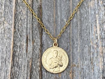 Gold St Gerard Majella Medal and Necklace by French Artist Penin, Antique Replica, Patron Saint of Expectant Mothers and Saint of Fertility